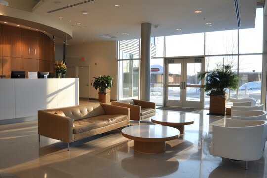 Waiting area with brown leather sofa and round tables