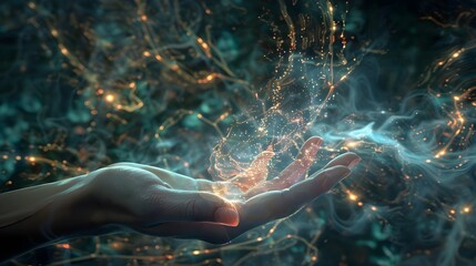 Surreal Photographic Composite of a Hand Materializing from a Void Connecting with a Complex Glowing Network of Interconnected Technology