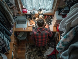 A man sitting in a cluttered room with clothes hanging everywhere