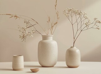 Three ceramic vases with dried flowers on a table against a beige background.