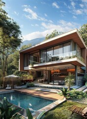 Fototapeta premium Modern House Design with Pool and Mountain Views