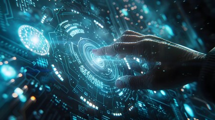 Futuristic Digital Interface with Glowing Holographic Technology and Cosmic Backdrop