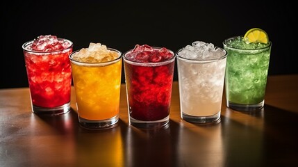 Five glasses of different colored drinks on a bar