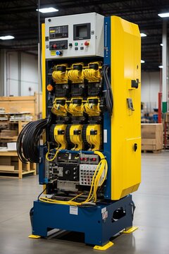 A large yellow electrical control panel with lots of wires