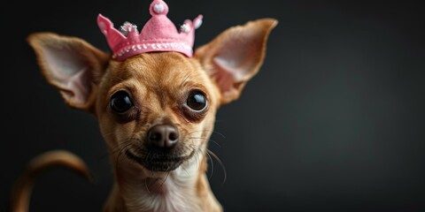 A cute chihuahua dog wearing a pink crown