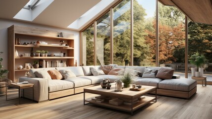 A modern living room with a large windows