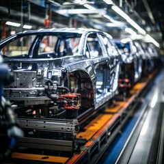 Fototapeta premium Car manufacturing production line with robotic welding and assembly