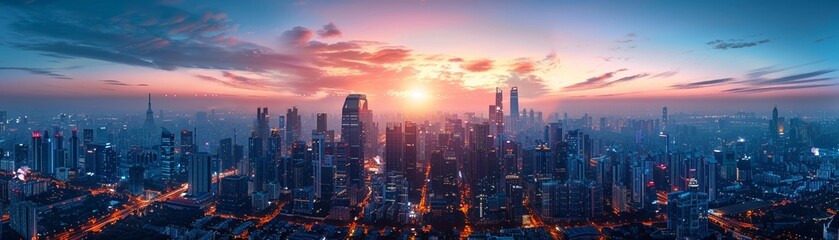 Fototapeta premium Augmented realityenhanced skyline, pollution and weather stats over city, twilight atmosphere , high resolution DSLR