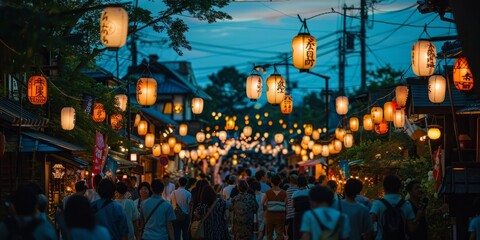 A Lively Night Market in Asia with Many People and Colorful Lanterns
