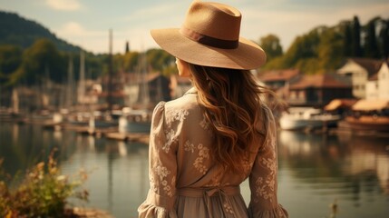 A woman wearing a hat is standing by the lake and looking at the boats.