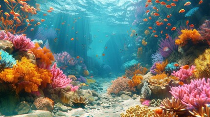Underwater coral reef with a variety of fish swimming around