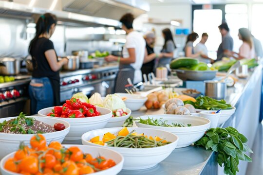 An interactive cooking class in session, showing students and instructors cooking healthy dishes with an array of fresh vegetables