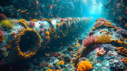 Naklejka premium Showcase the underwater environment where submarine cables are installed, with colorful coral reefs and diverse marine life coexisting alongside the
