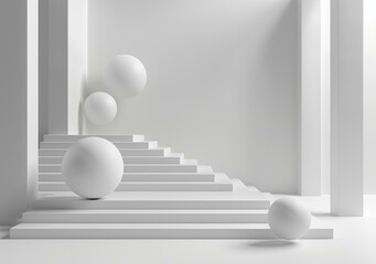 3D rendering of a white room with a staircase and floating spheres