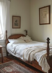 Cozy Traditional Bedroom With White Bedding and Vintage Decor