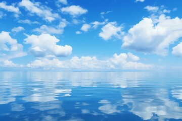 Blue sky and white clouds reflecting on the calm water surface
