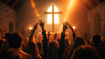Christians raise their hands before the cross, faces full of devotion and solemnity, soft light...
