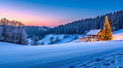 A Snowy Landscape with a House and a Christmas Tree