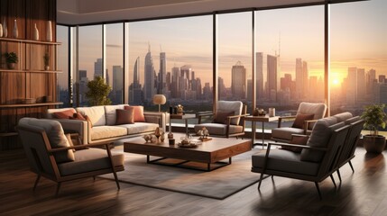 Modern living room interior with large windows and city view