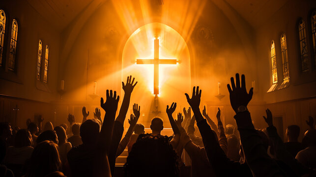 Christians raise their hands before the cross, faces full of devotion and solemnity, soft light shining on them from the church ceiling, Ai generated Images