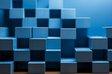 Blue wooden blocks of various sizes stacked together to form a three-dimensional structure