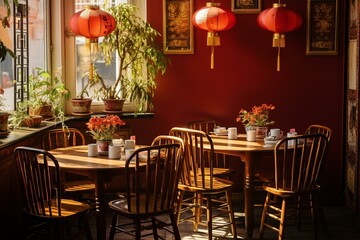 Obraz premium Chinese restaurant with red walls and round tables
