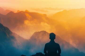 Obraz premium Man Meditating on a Mountaintop at Sunset