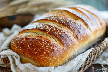 Loaf of bread with sesame seeds on a white cloth in a brown wicker basket