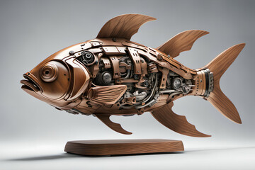 Mechanical wooden fish figurine. Digital illustration.