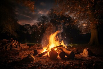 A bonfire burns brightly in a forest at night