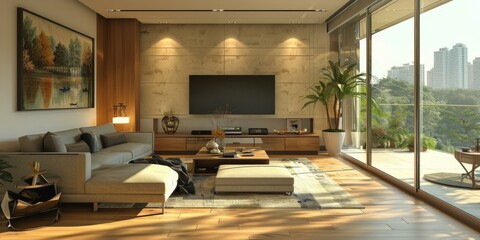 Modern and minimalist living room interior design with large windows and a balcony