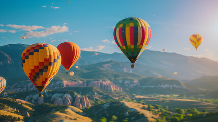 Hot air balloon festival with bright blue sky and beautiful mountains with slightly blurred background, colorful balloons floating in the sky, Ai generated Images