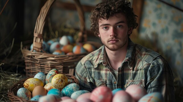 Portrait of a young man with a basket of Easter eggs