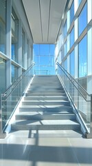 Staircase with Glass Railing and Blue Sky Background