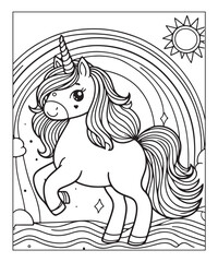 Fototapeta premium Cute cartoon unicorn with rainbow coloring page. Color and black white vector illustration for coloring book,