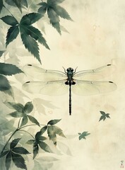 A dragonfly perches on a leaf in a Japanese garden
