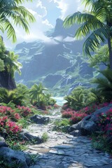 fantasy landscape with stone path and tropical plants