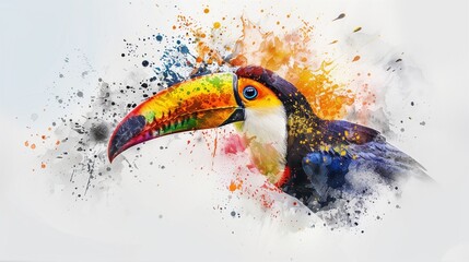 A playful watercolor splash art of a toucan with a vibrant beak, isolated on a pure white background, as if it's about to spread its wings and fly.
