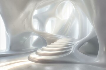 Futuristic minimalist white interior with parametric staircase
