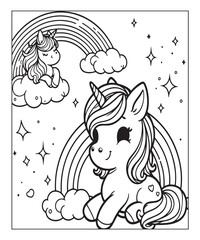 Cute cartoon unicorn with rainbow coloring page. Color and black white vector illustration for coloring book,