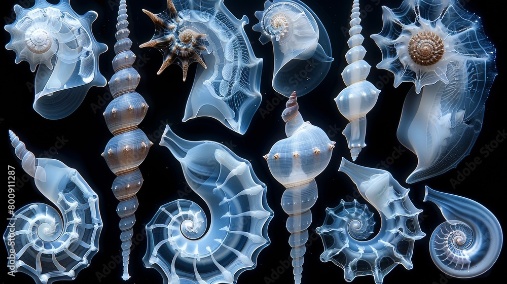Poster x-ray scan of a collection of sea shells, showcasing the variety of shapes and sizes.