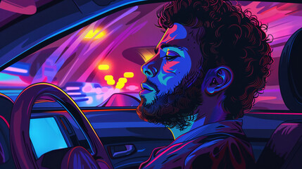 Person looking stuck and confused inside a car, colorful illustration, dashboard light, eye-level, professional color grading,soft shadowns, no contrast, clean sharp