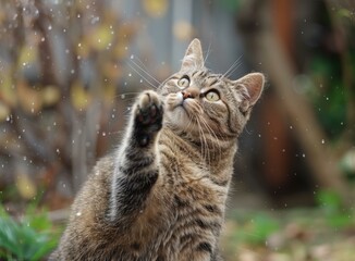 Obraz premium A cute cat looking up at the rain