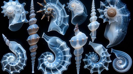 Naklejka premium X-ray scan of a collection of sea shells, showcasing the variety of shapes and sizes.
