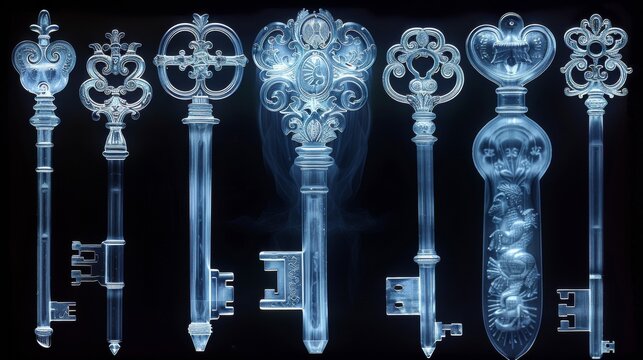X-ray scan of a collection of antique keys, showcasing the intricate designs and shapes.