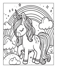 Fototapeta premium Cute cartoon unicorn with rainbow coloring page. Color and black white vector illustration for coloring book,