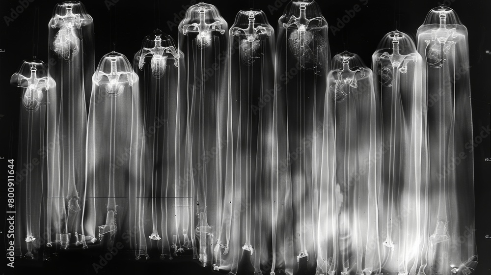 Poster x-ray scan of a set of wind chimes, displaying the tubes and hanging mechanism.