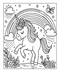 Cute cartoon unicorn with rainbow coloring page. Color and black white vector illustration for coloring book,