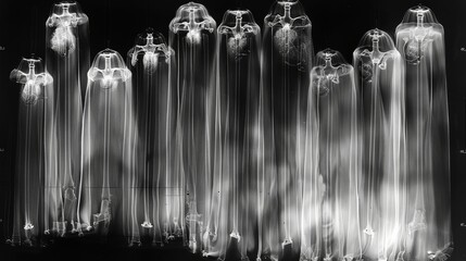 X-ray scan of a set of wind chimes, displaying the tubes and hanging mechanism. - obrazy, fototapety, plakaty