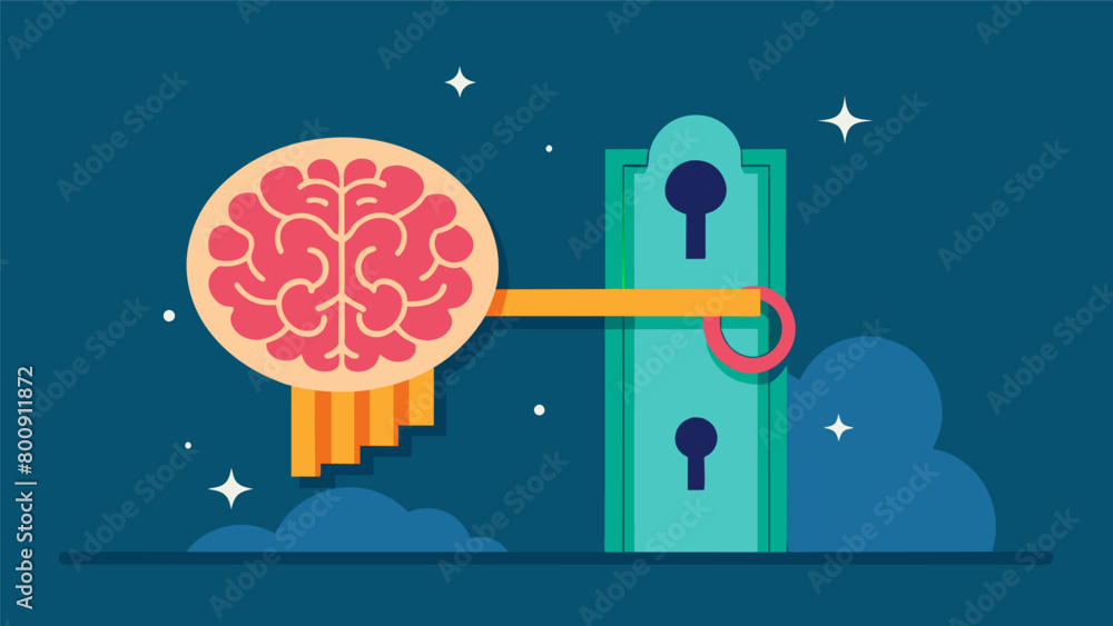 Poster a visual metaphor of ketamine as a key unlocking the doors to positive mood and a sense of wellbeing